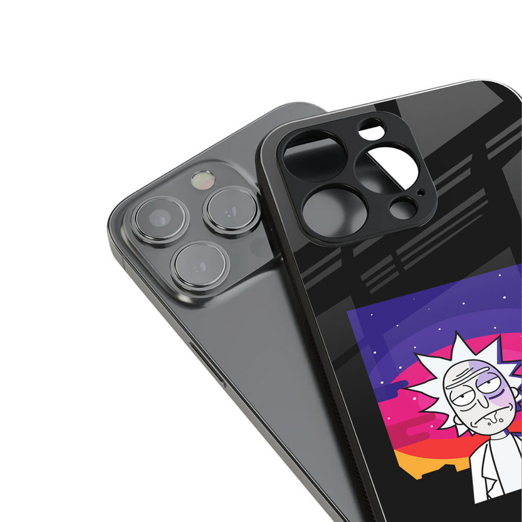 trippy rick sanchez back phone cover | glass case for iphone 16 pro max