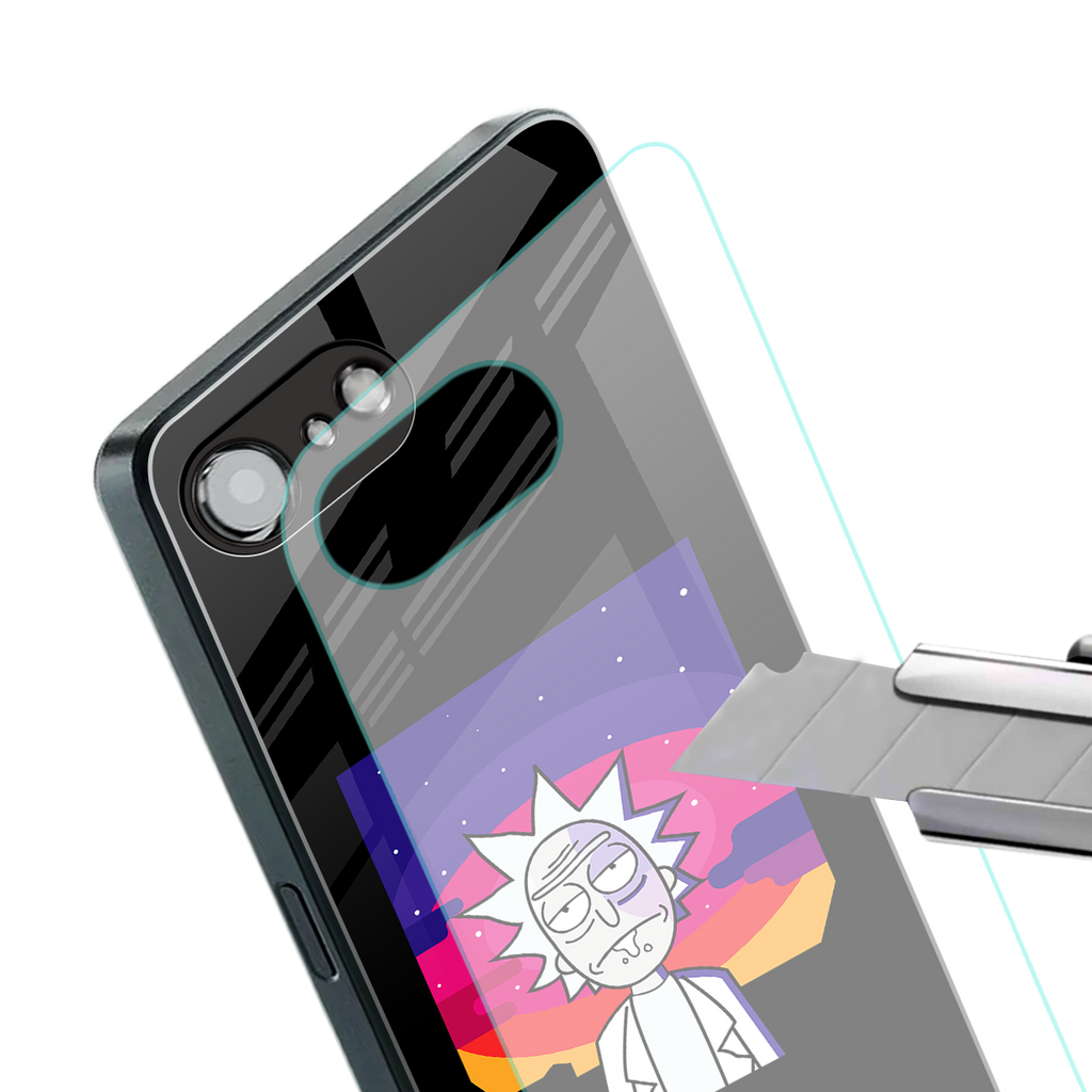 trippy rick sanchez back phone cover | glass case for iphone 16e