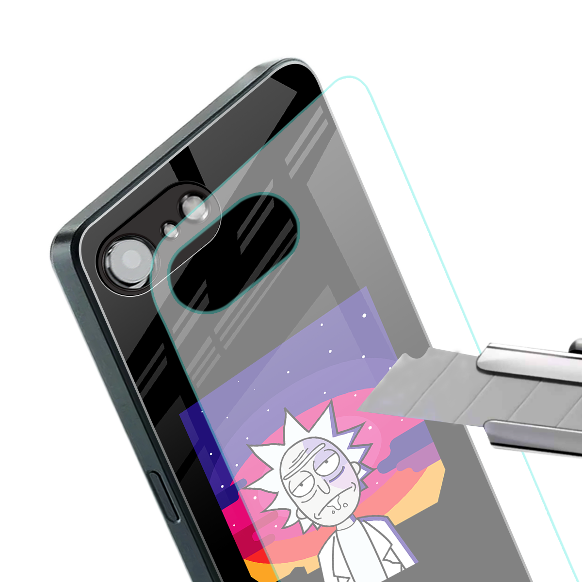 trippy rick sanchez back phone cover | glass case for iphone 16e