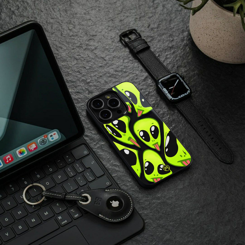 trippy aliens back phone cover | glass case for iphone 16 pro