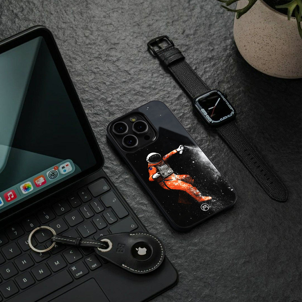 trippy astronaut back phone cover | glass case for iphone 15 plus