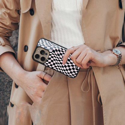trippy b&w check pattern back phone cover | glass case for iphone 14