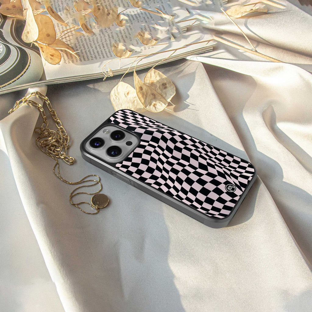 trippy b&w check pattern back phone cover | glass case for samsung galaxy s23 plus