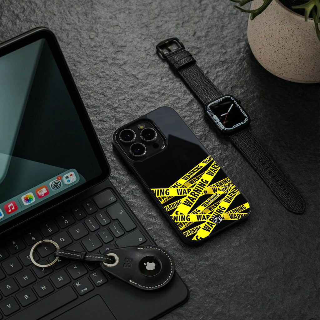 warning tape back phone cover | glass case for iphone 16 pro max