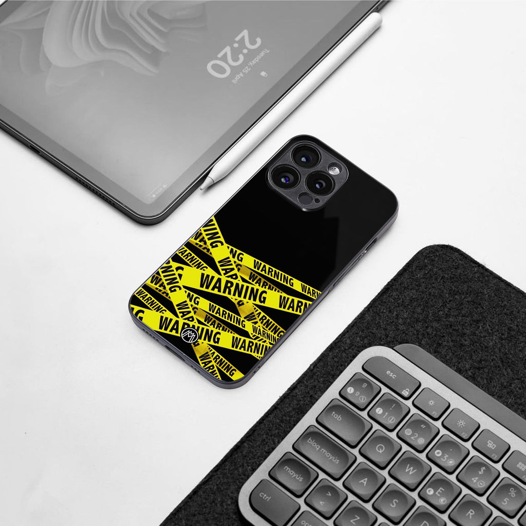 warning tape back phone cover | glass case for iphone 16 pro