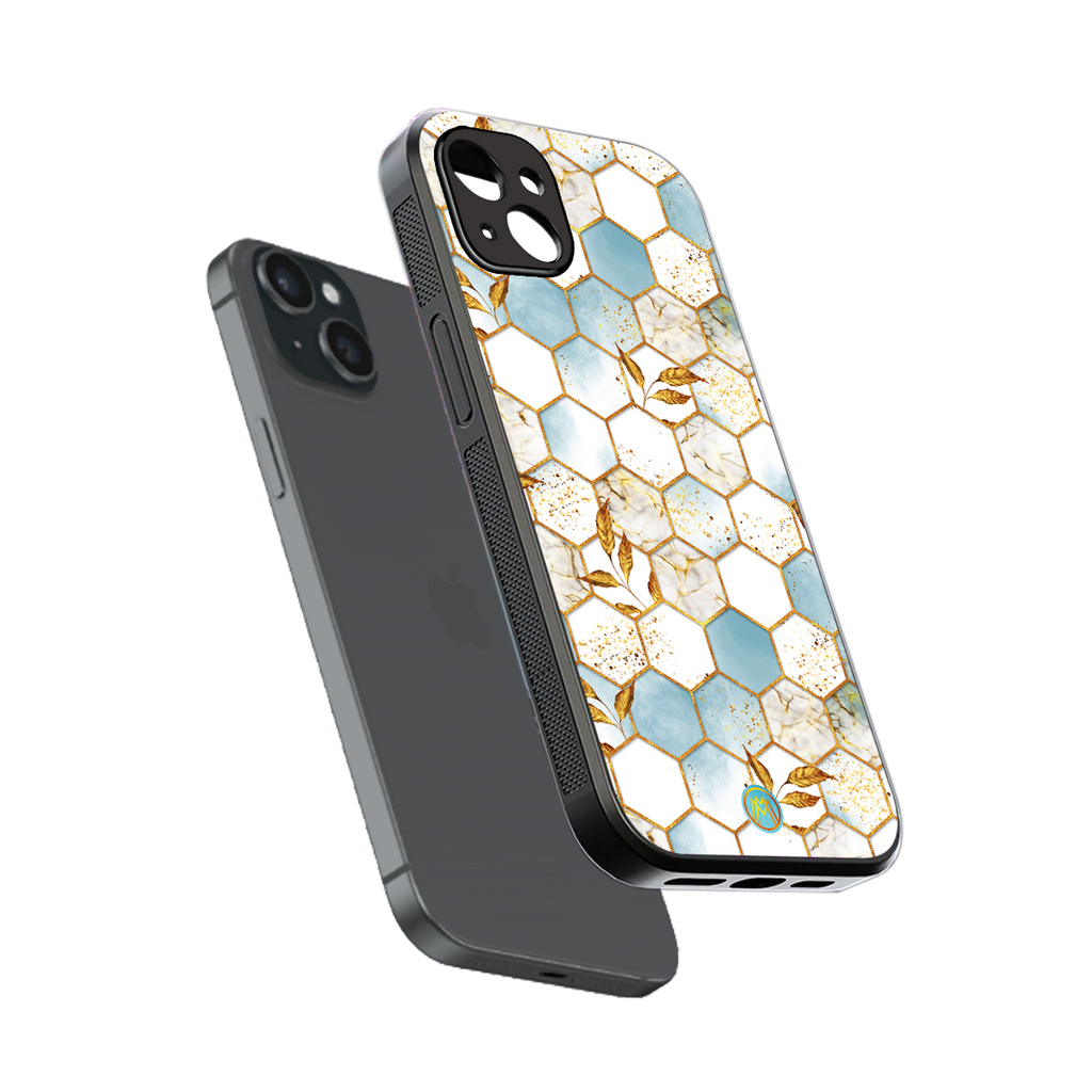 white marble tiles back phone cover | glass case for iphone 15 plus