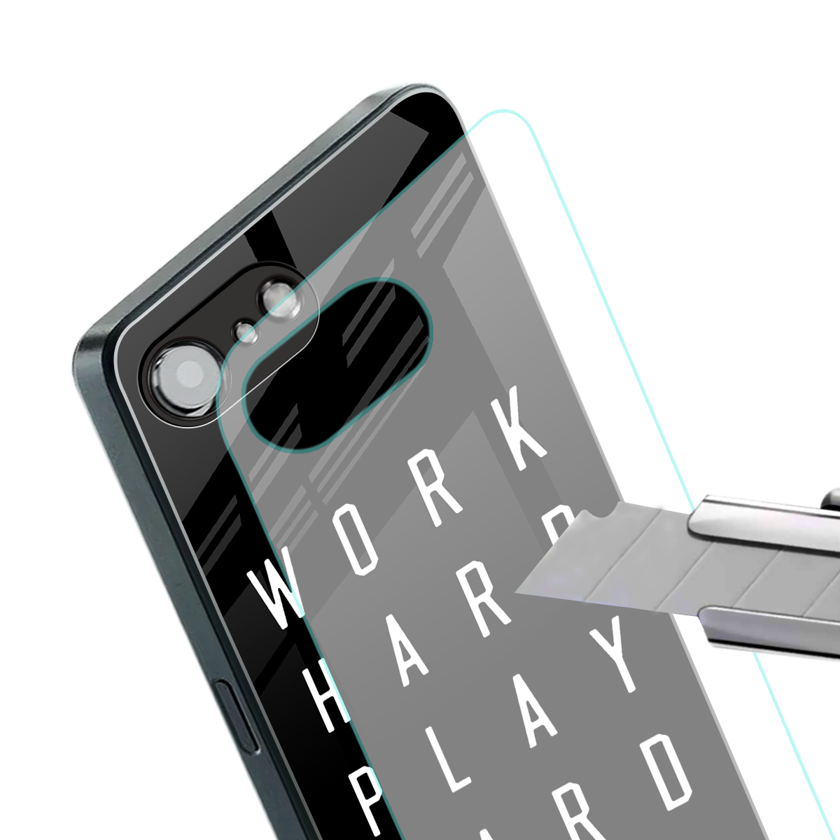 work hard play hard back phone cover | glass case for iphone 16e