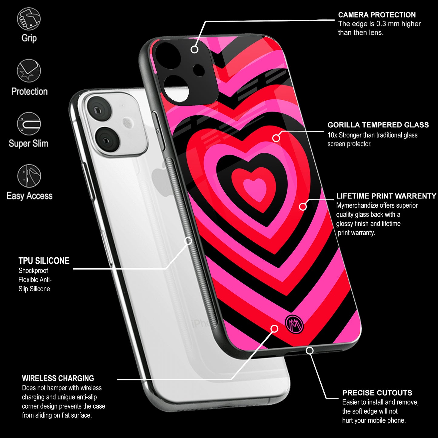 Y2K Black Pink Hearts Aesthetic Phone Cover | Glass Case