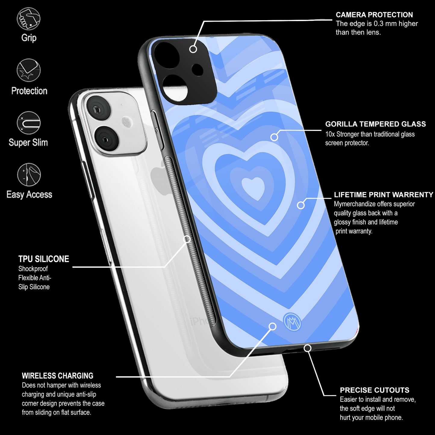 Y2K Blue Hearts Aesthetic Phone Cover | Glass Case