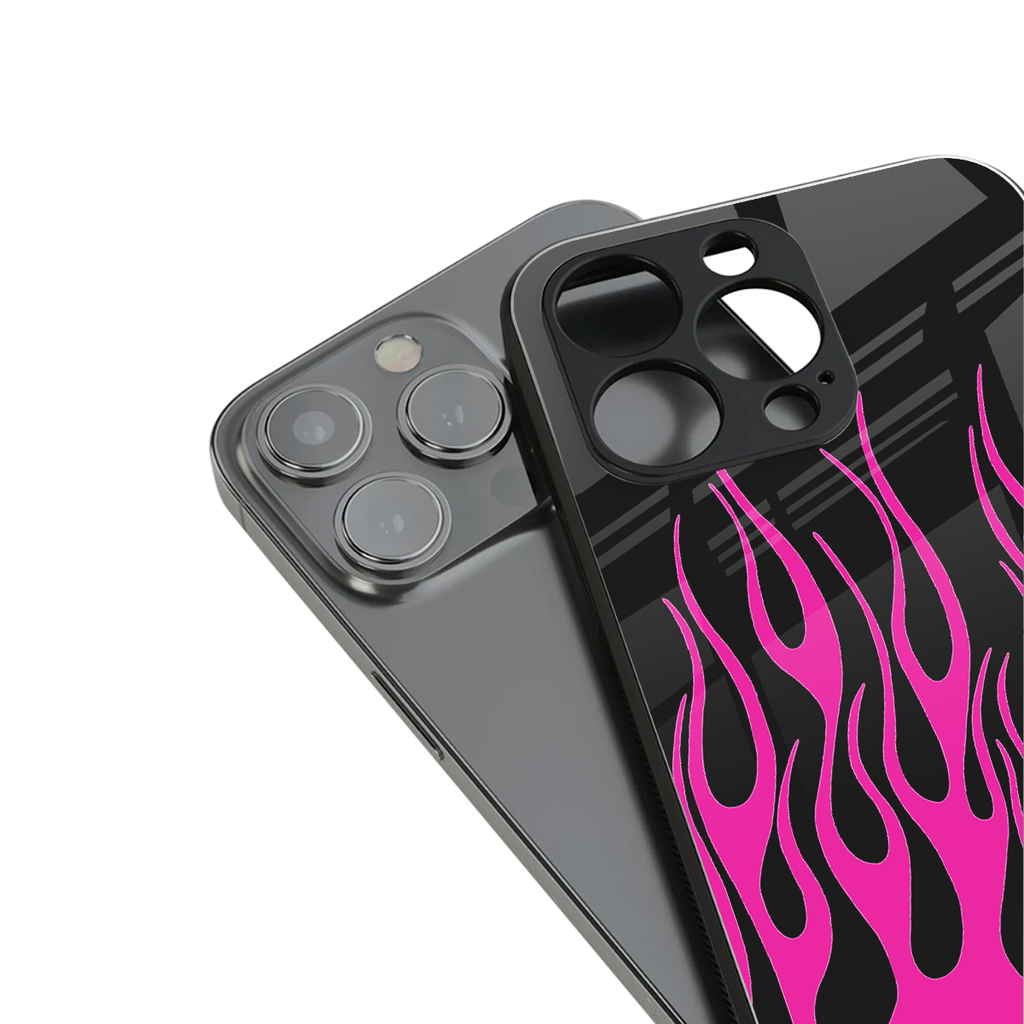 y2k black pink flames back phone cover | glass case for iphone 16 pro