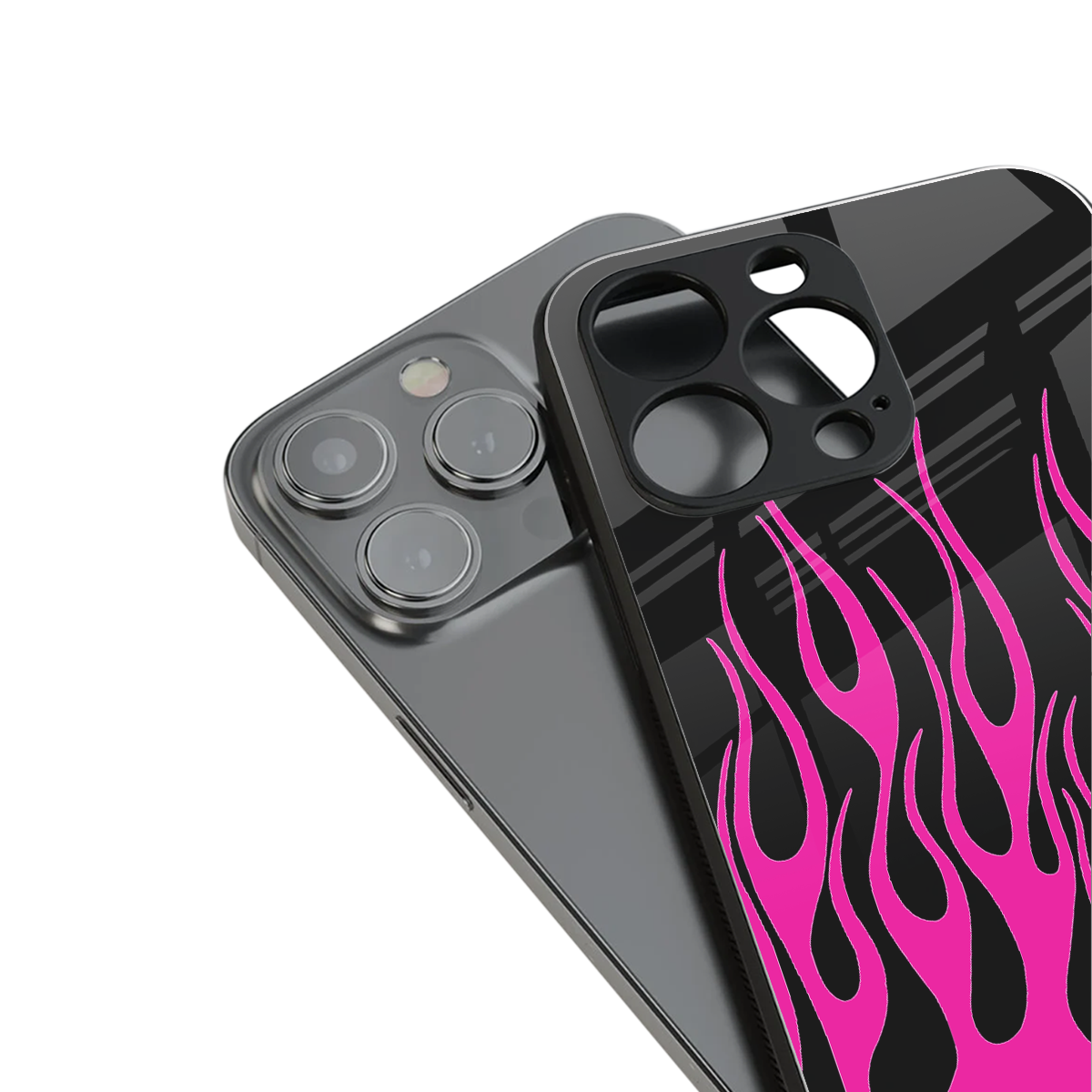 y2k black pink flames back phone cover | glass case for iphone 14
