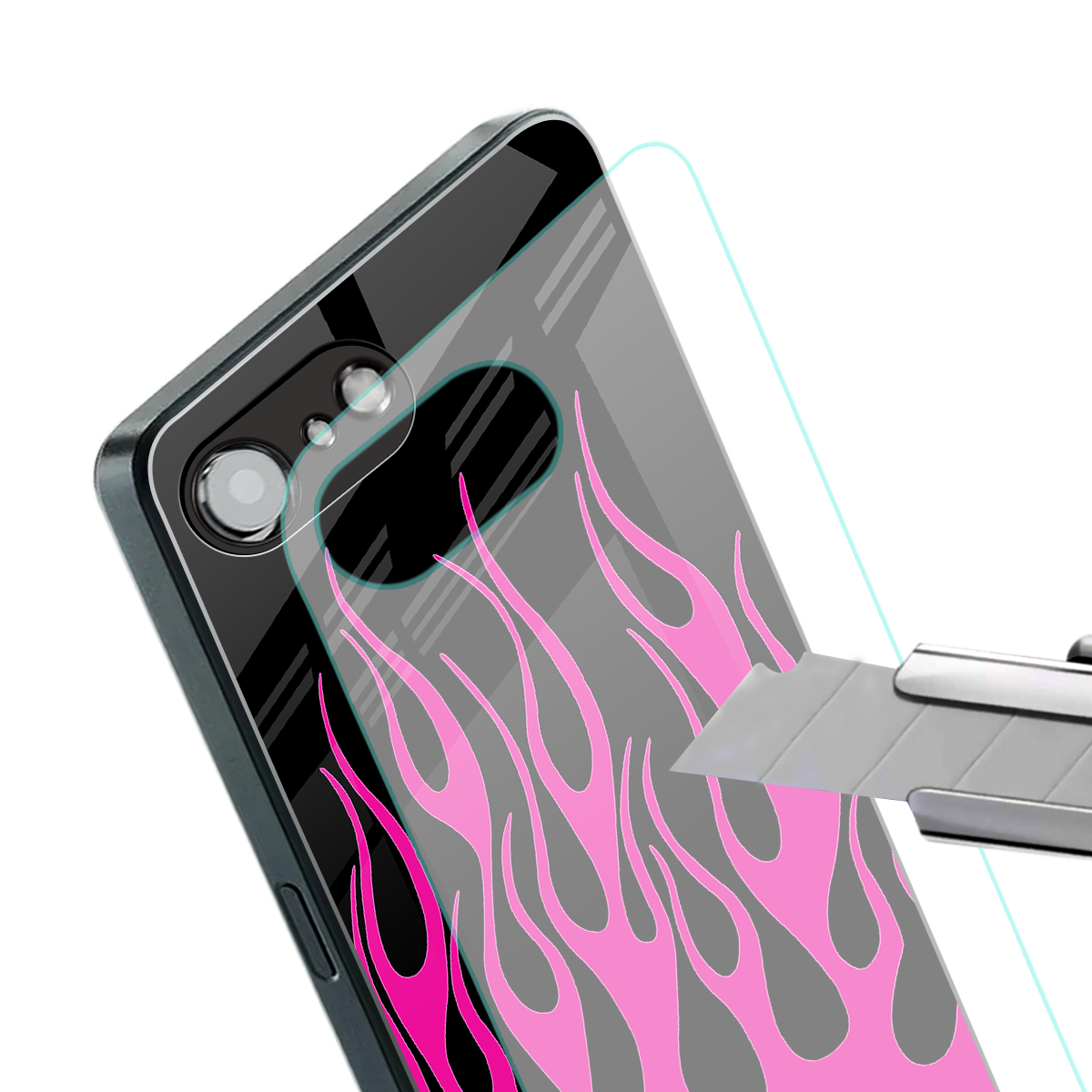 y2k black pink flames back phone cover | glass case for iphone 16e