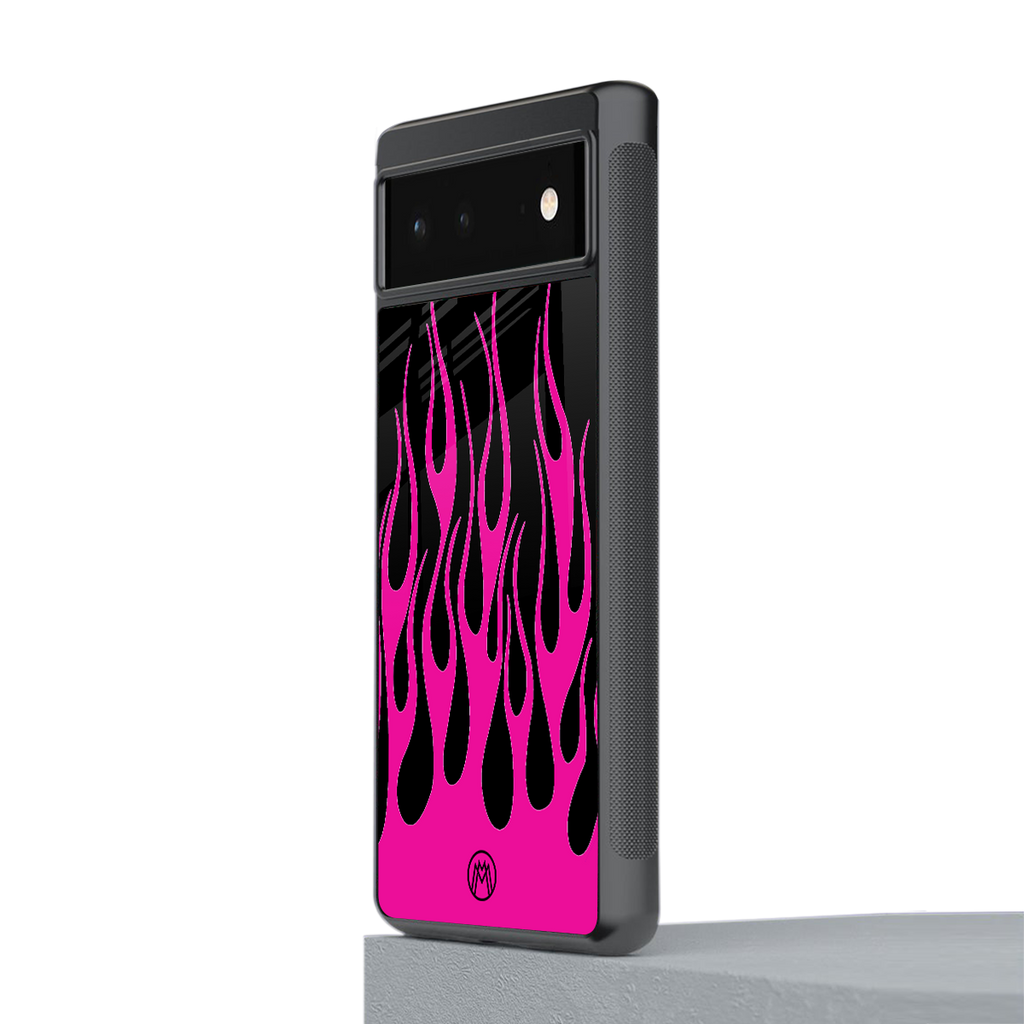 y2k black pink flames back phone cover | glass case for google pixel 6