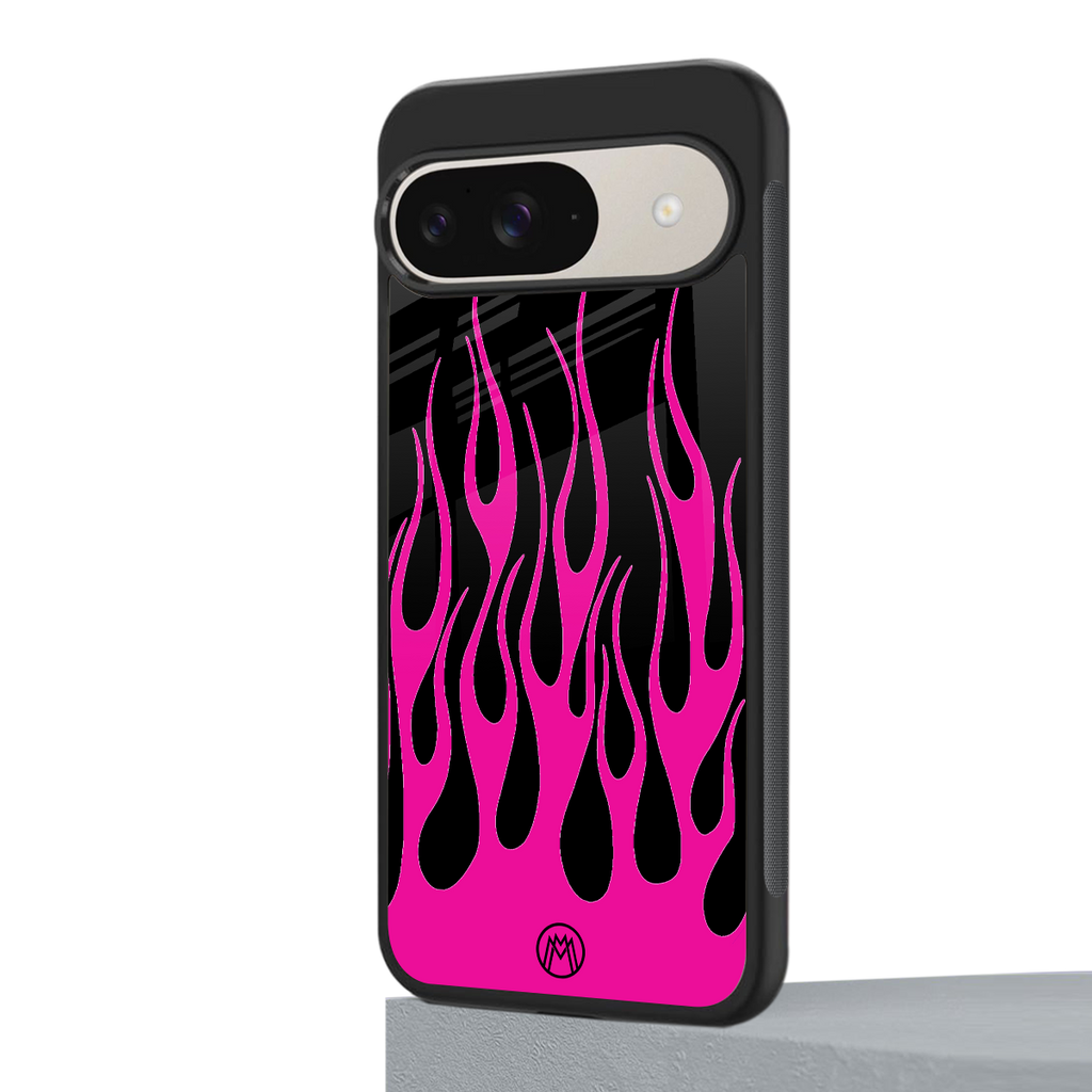 y2k black pink flames back phone cover | glass case for google pixel 9
