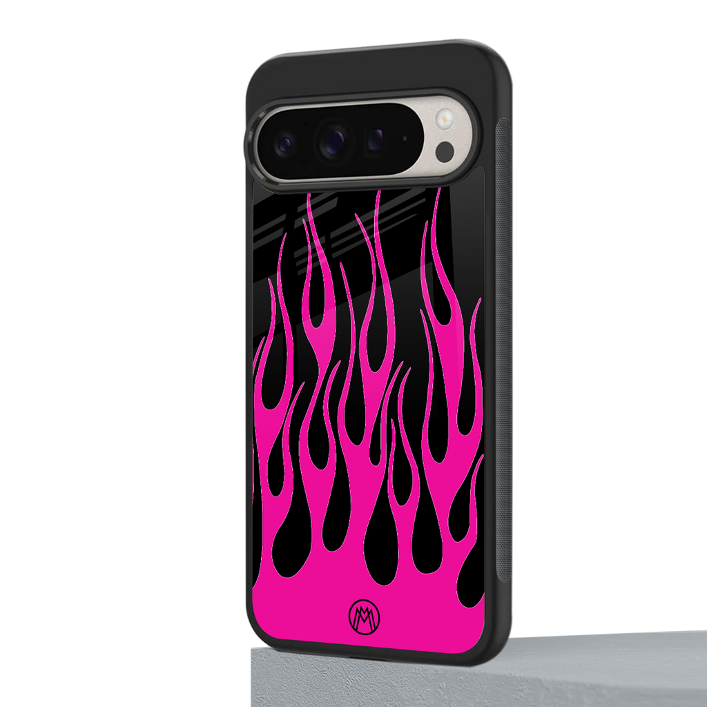 y2k black pink flames back phone cover | glass case for google pixel 9 pro