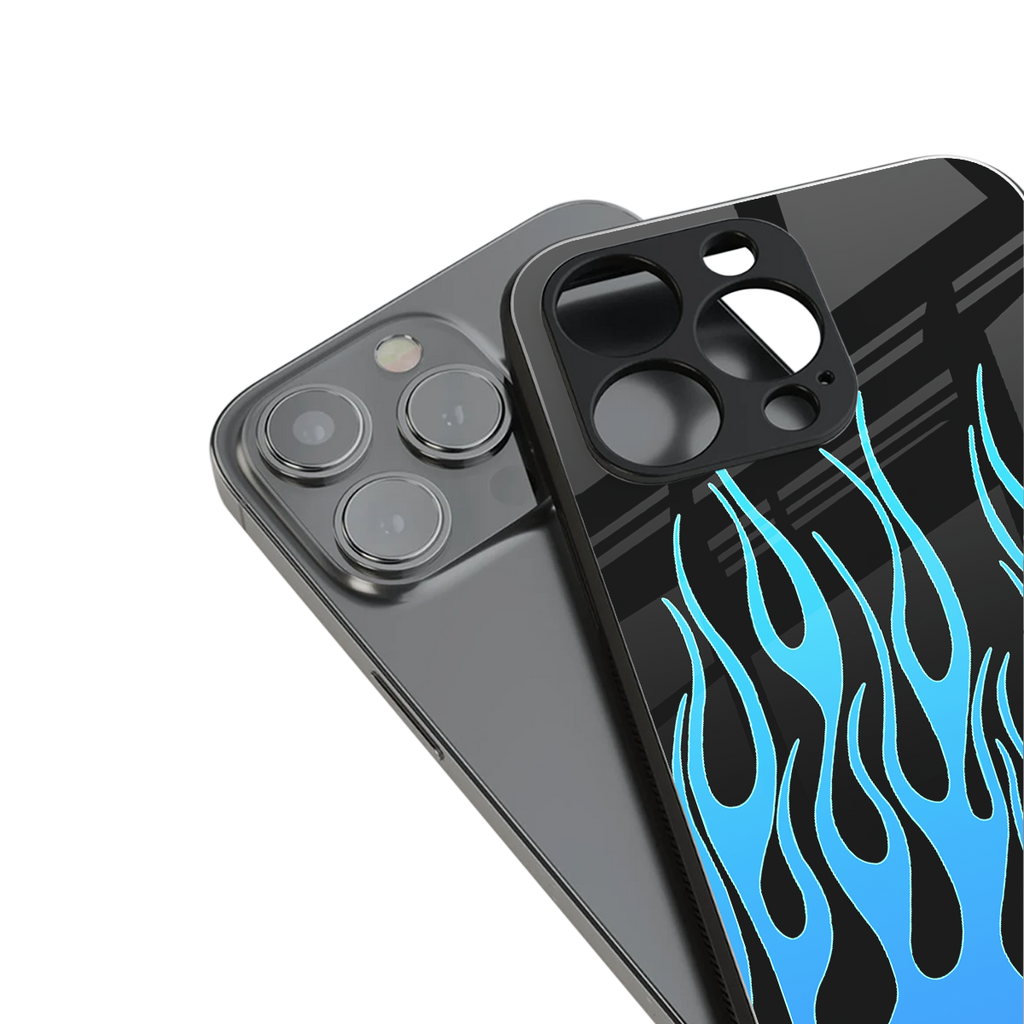 y2k blue flames back phone cover | glass case for iphone 15 pro