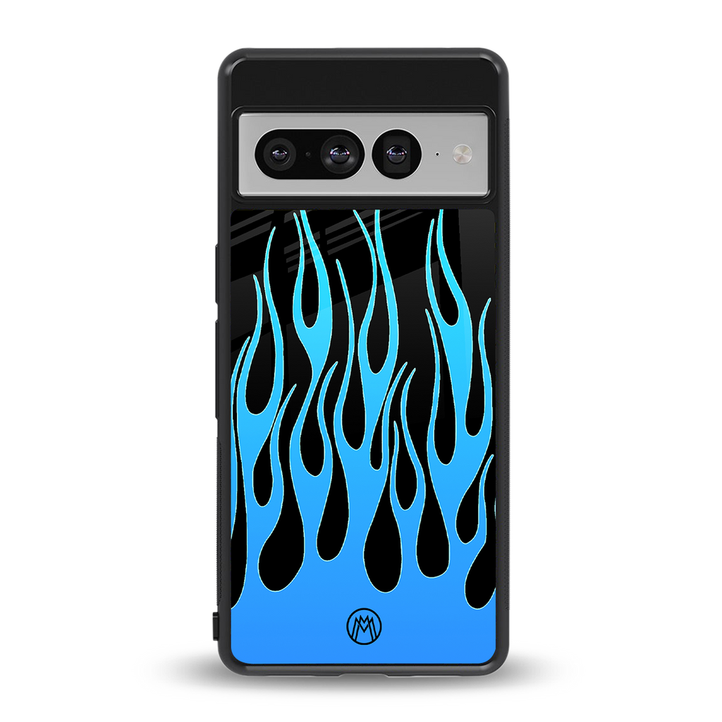 y2k blue flames back phone cover | glass case for google pixel 7 pro