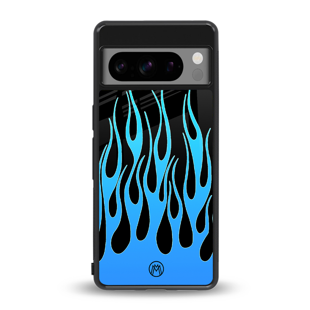 y2k blue flames back phone cover | glass case for google pixel 8 pro