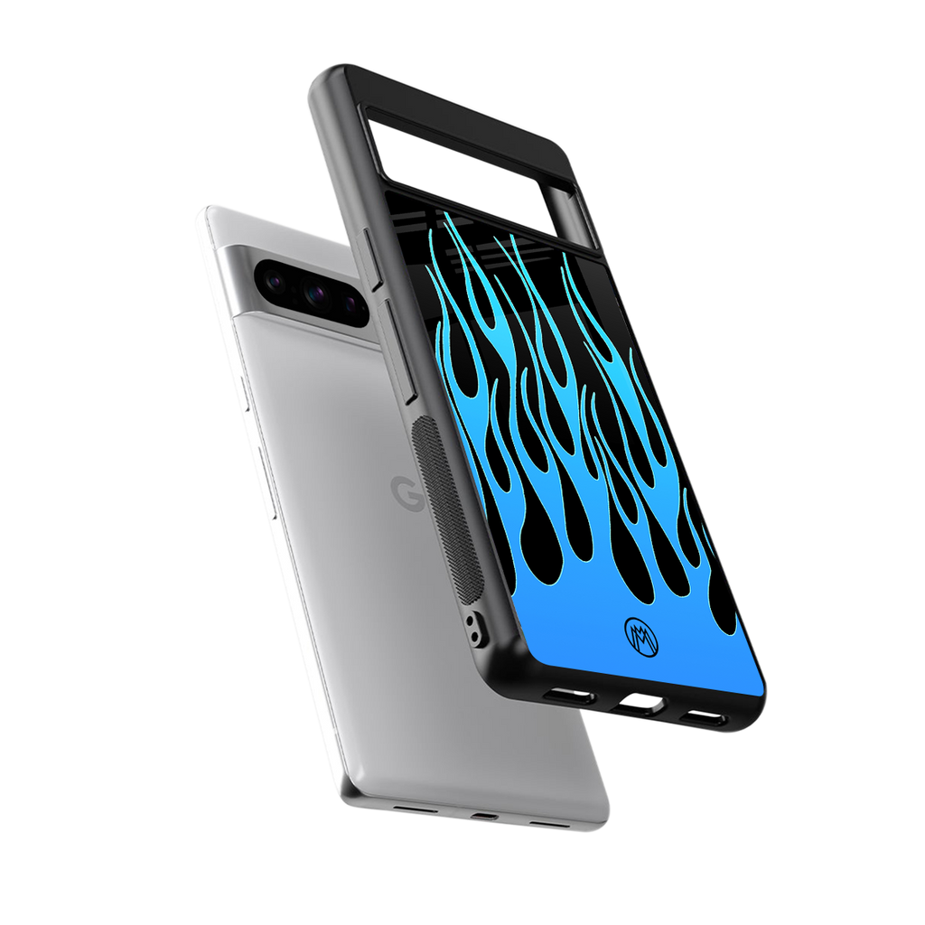 y2k blue flames back phone cover | glass case for google pixel 8 pro