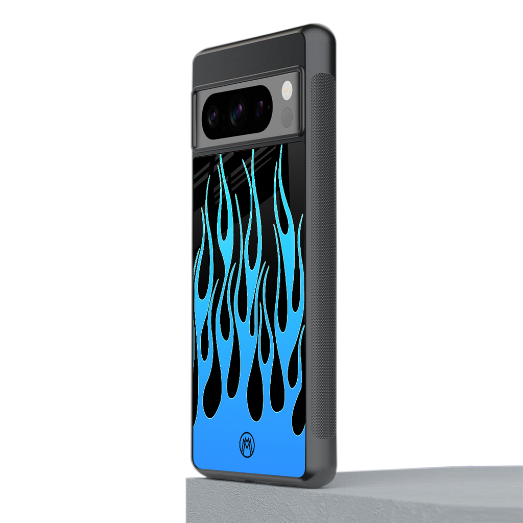 y2k blue flames back phone cover | glass case for google pixel 8 pro