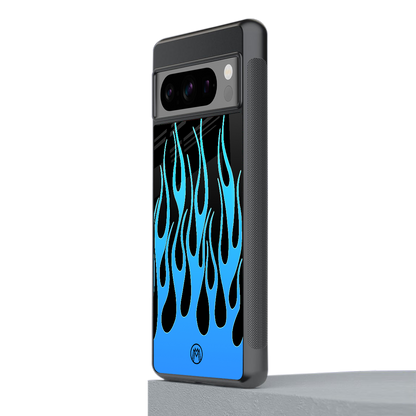 y2k blue flames back phone cover | glass case for google pixel 8 pro