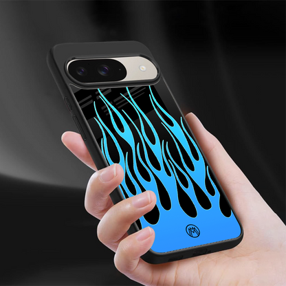y2k blue flames back phone cover | glass case for google pixel 9