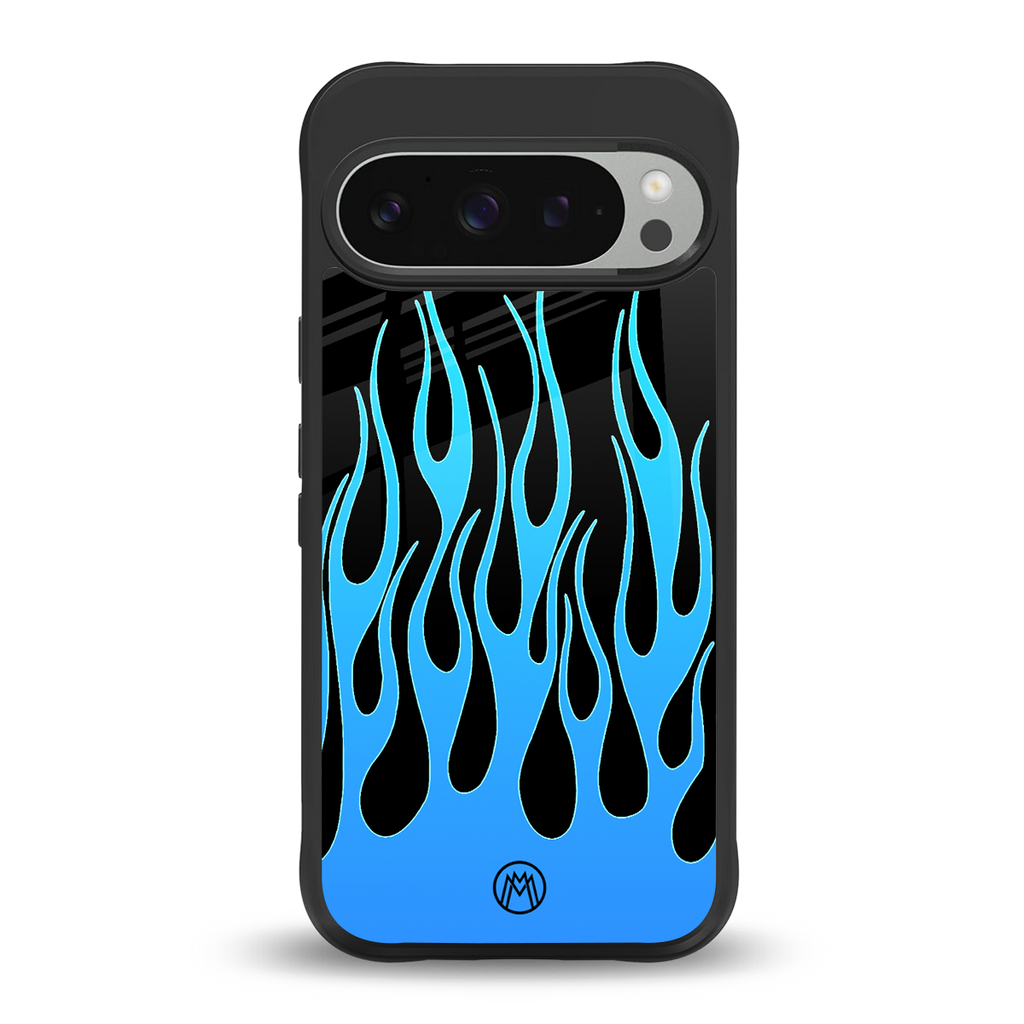 y2k blue flames back phone cover | glass case for google pixel 9 pro xl