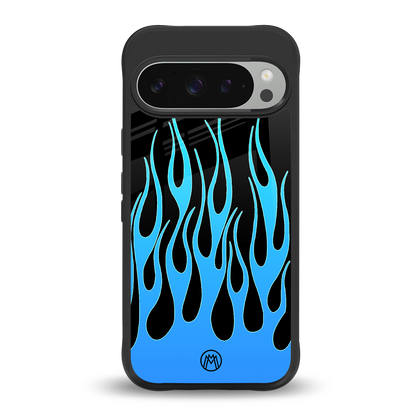 y2k blue flames back phone cover | glass case for google pixel 9 pro xl