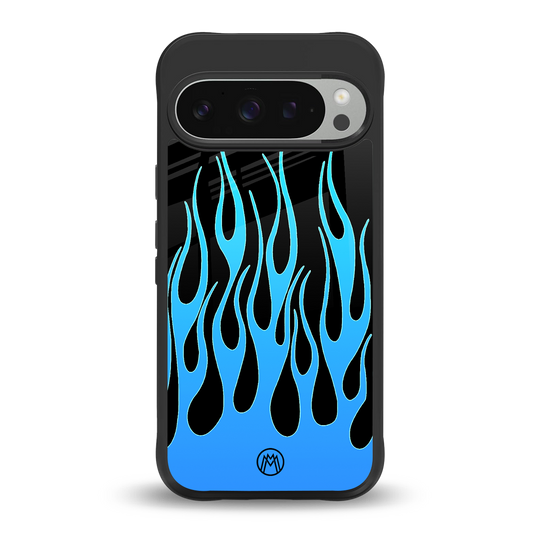 y2k blue flames back phone cover | glass case for google pixel 9 pro xl