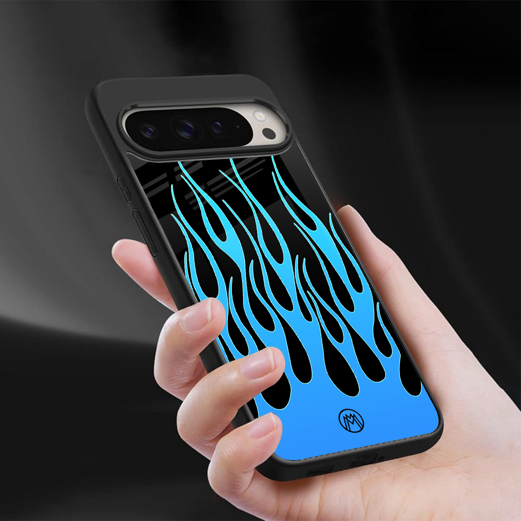 y2k blue flames back phone cover | glass case for google pixel 9 pro