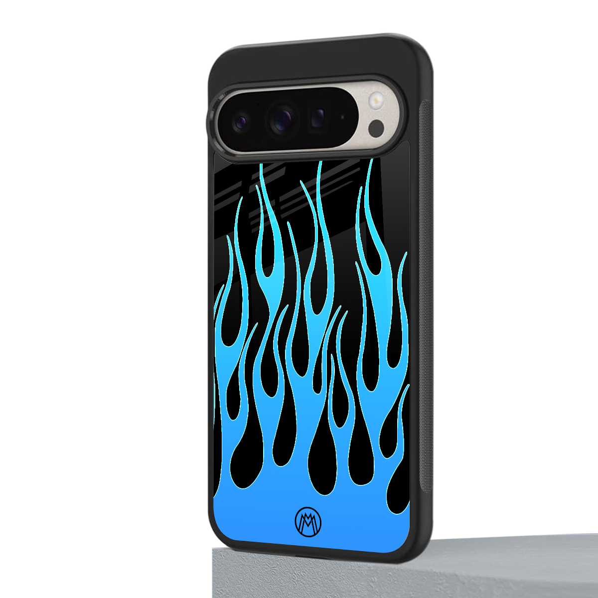 y2k blue flames back phone cover | glass case for google pixel 9 pro