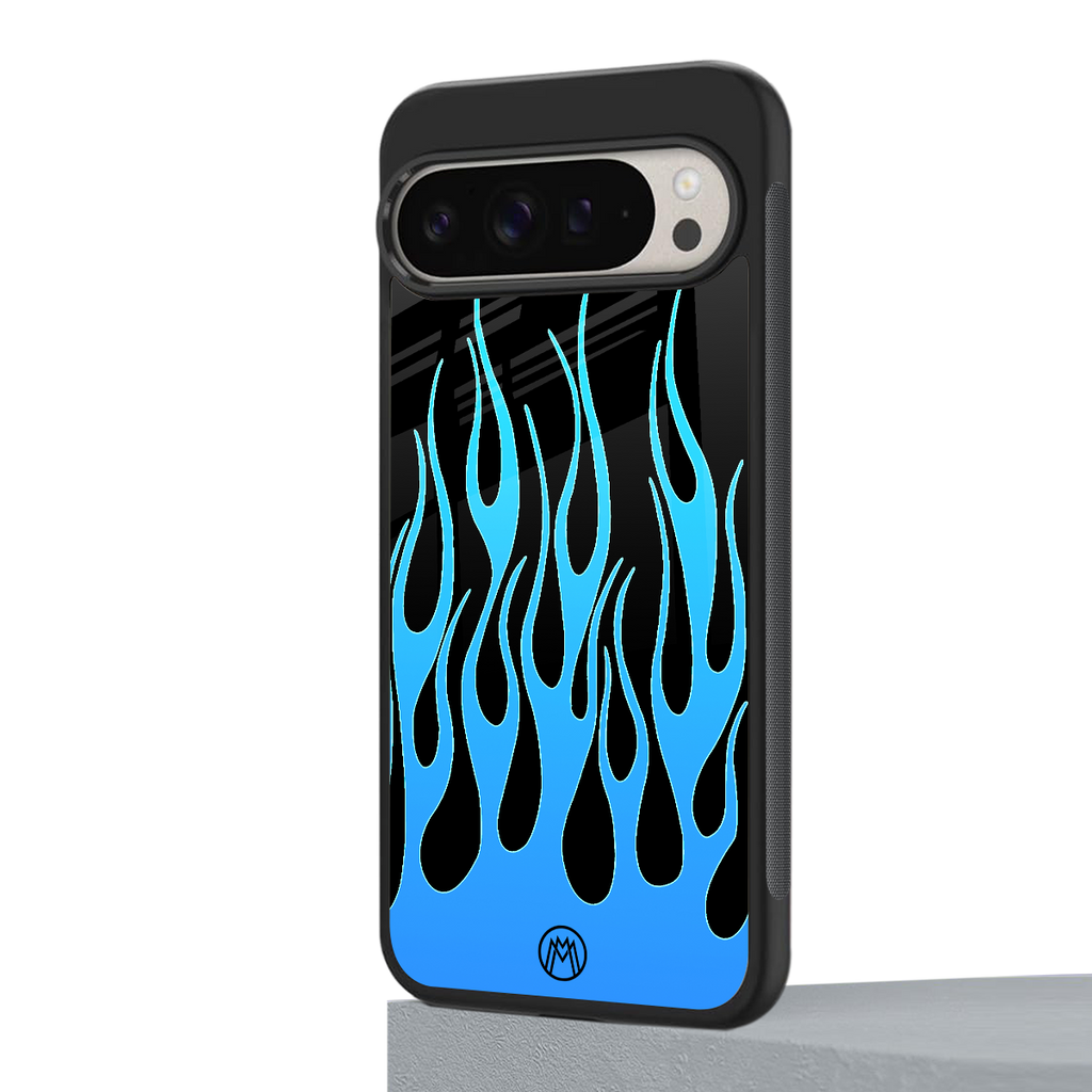 y2k blue flames back phone cover | glass case for google pixel 9 pro xl