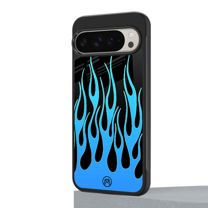 y2k blue flames back phone cover | glass case for google pixel 9 pro xl