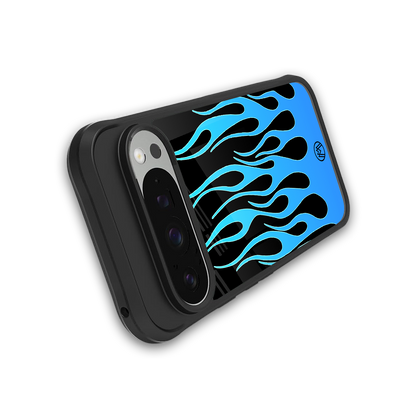 y2k blue flames back phone cover | glass case for google pixel 9 pro xl