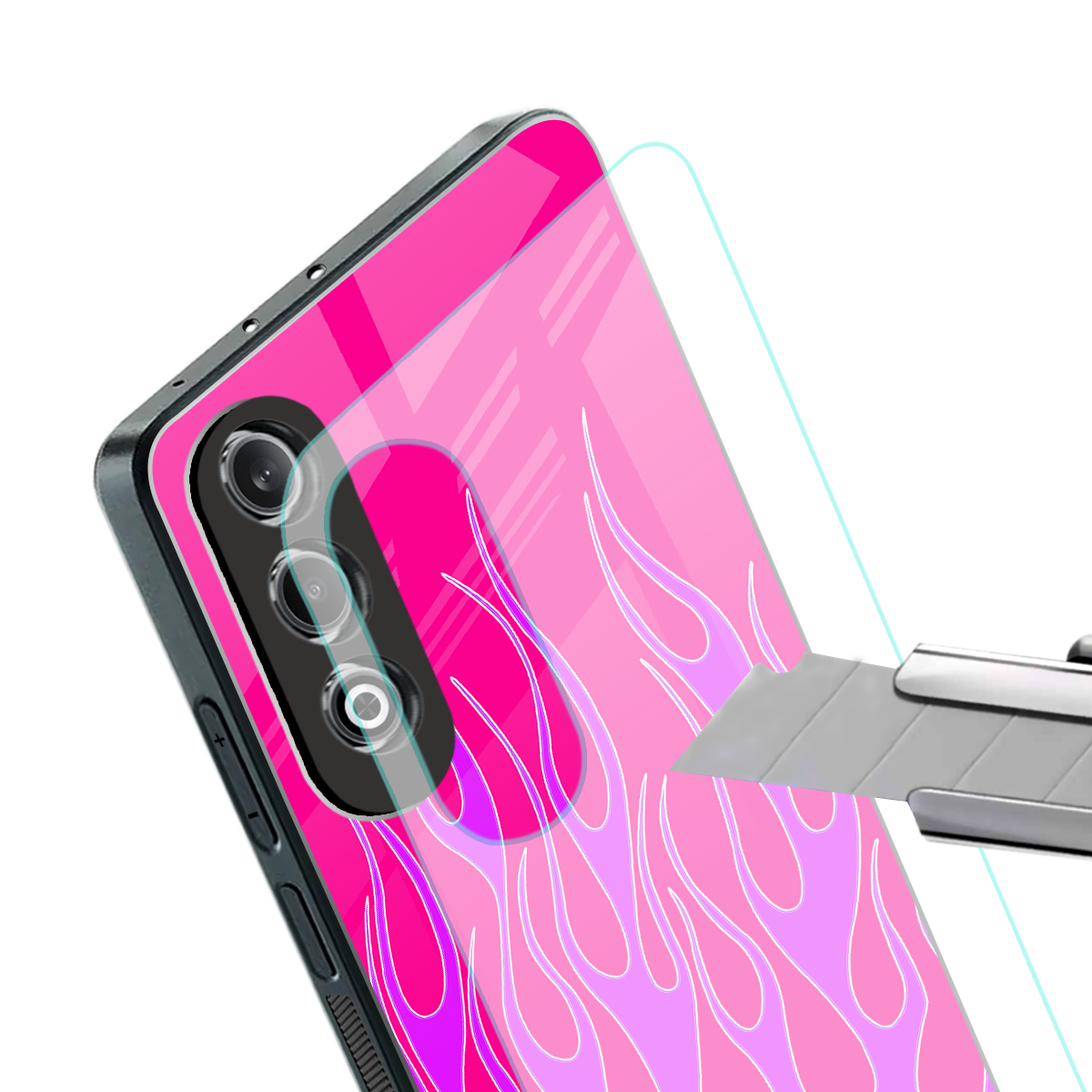 y2k hot pink flames back phone cover | glass case for oneplus nord ce 4