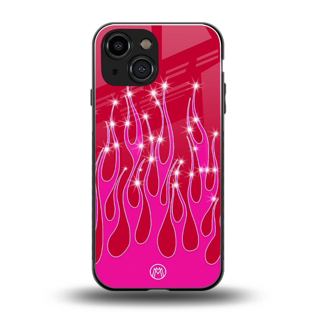 y2k magenta glittery flames back phone cover | glass case for iphone 13 mini
