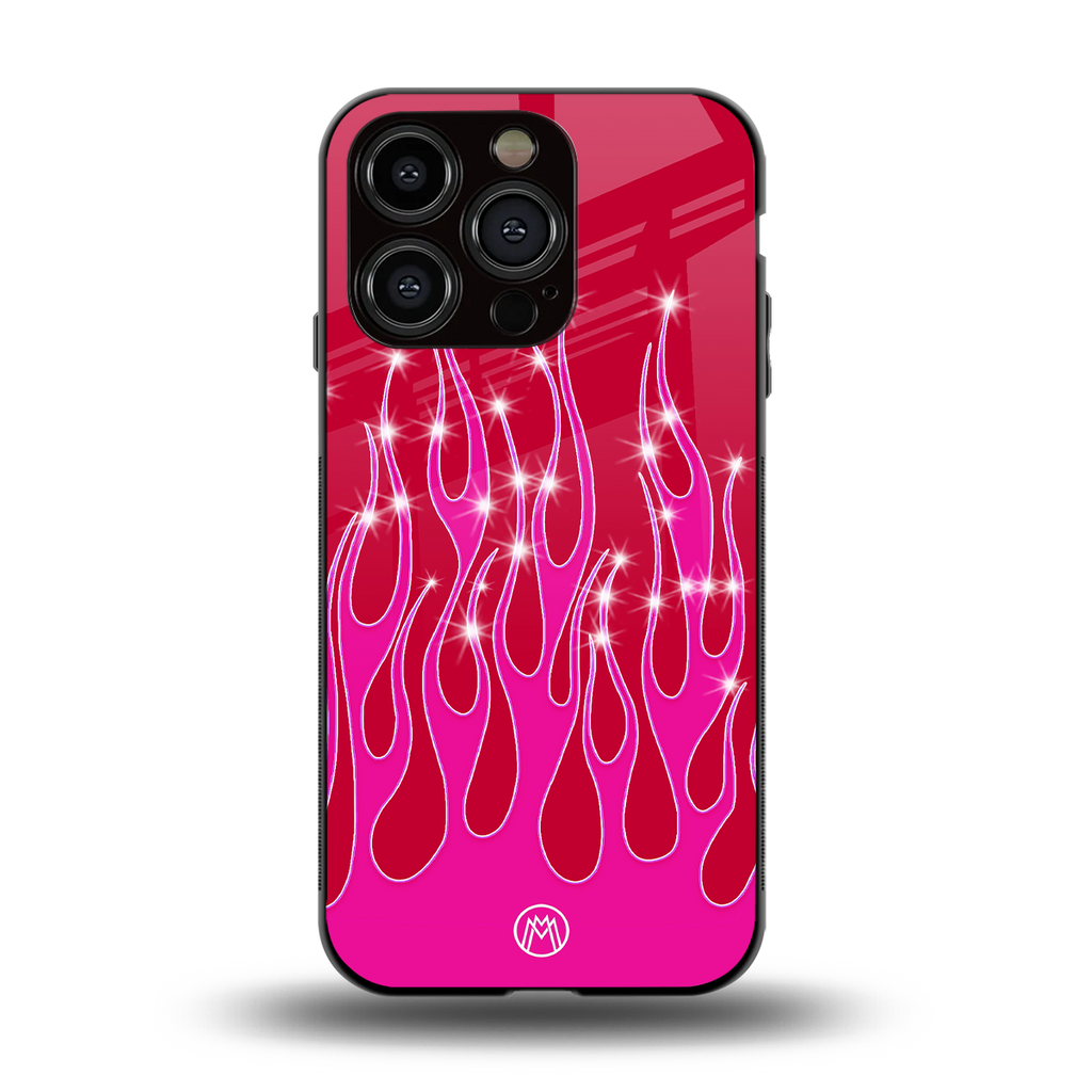 y2k magenta glittery flames back phone cover | glass case for iphone 13 pro