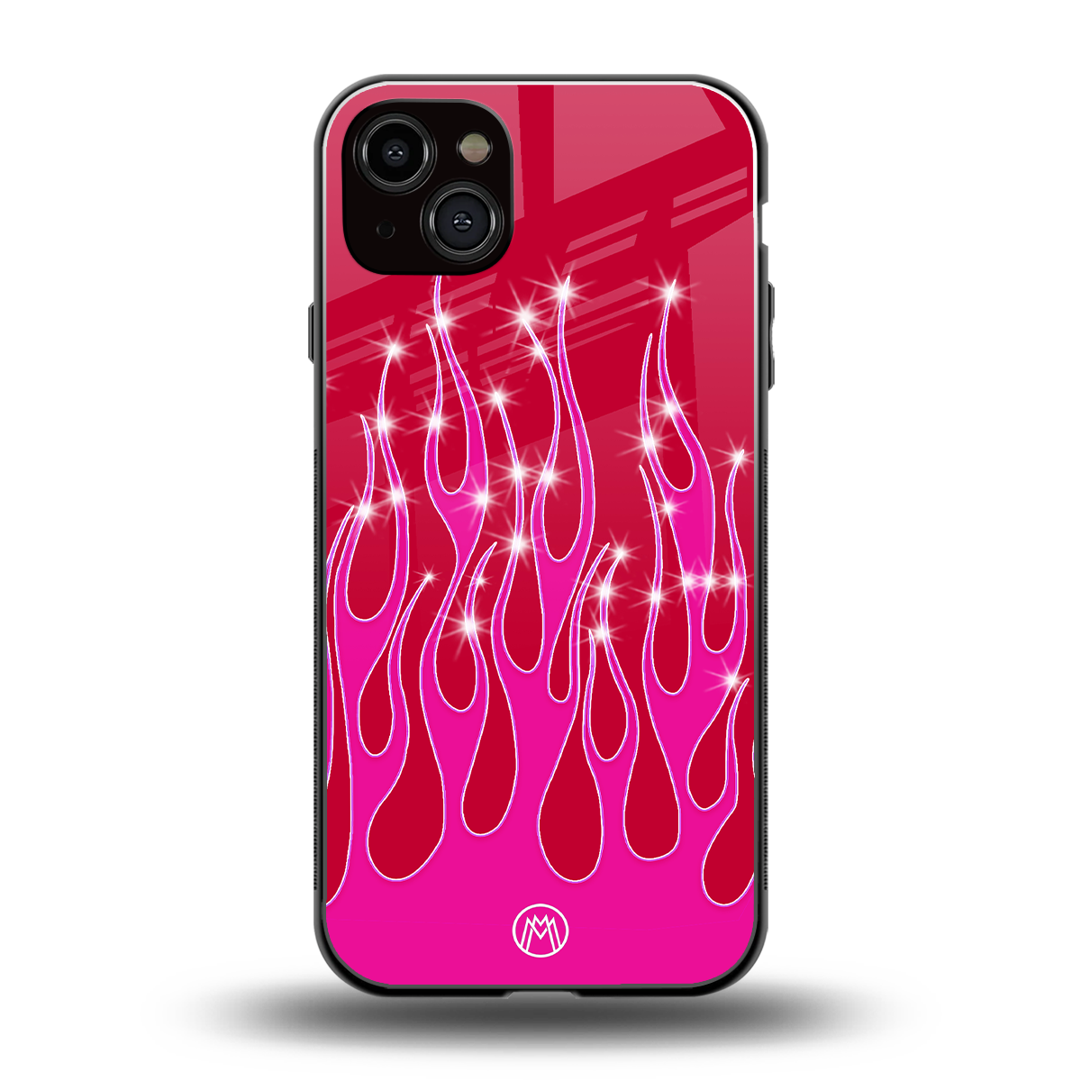 y2k magenta glittery flames back phone cover | glass case for iphone 15 plus
