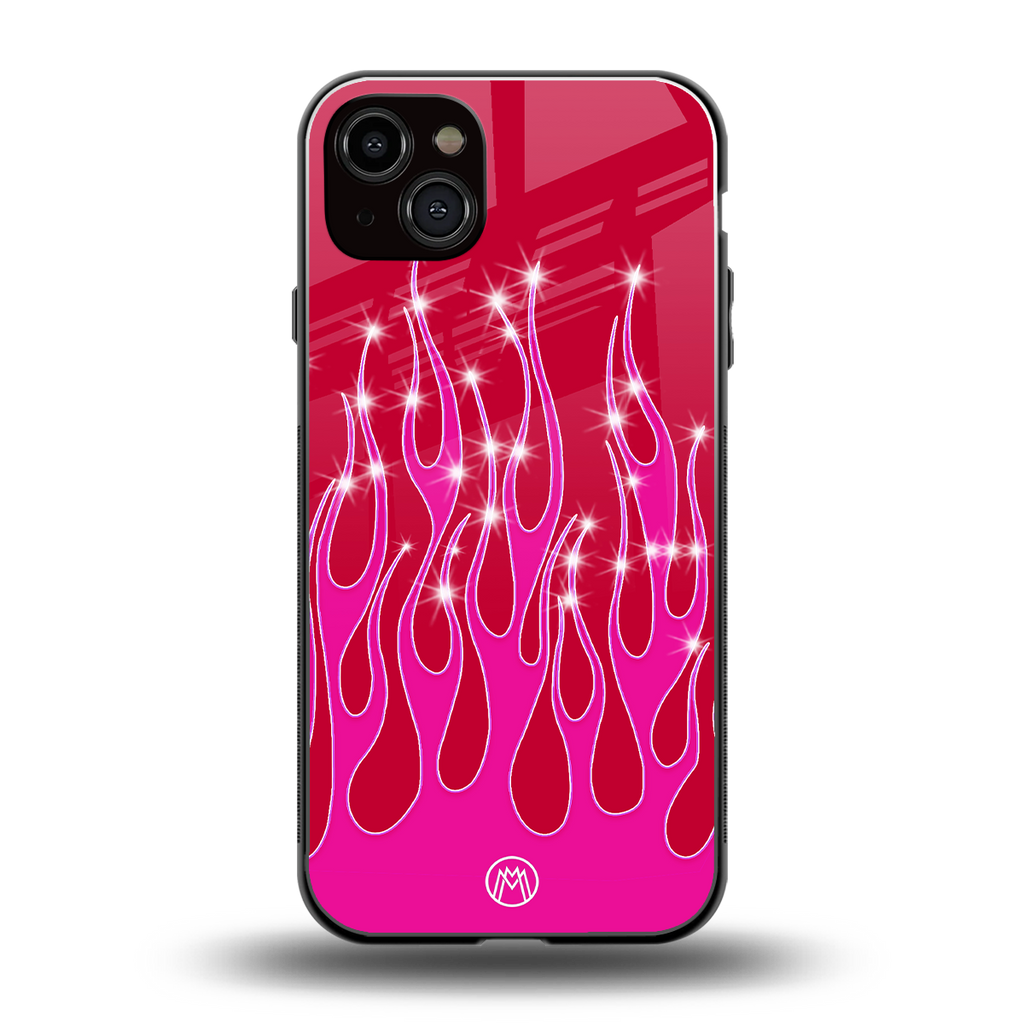 y2k magenta glittery flames back phone cover | glass case for iphone 14 plus