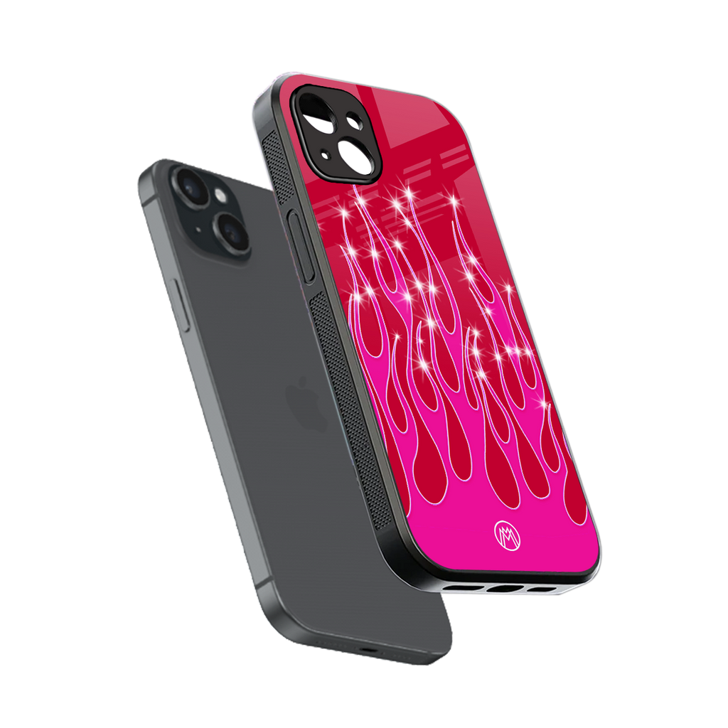 y2k magenta glittery flames back phone cover | glass case for iphone 15 plus