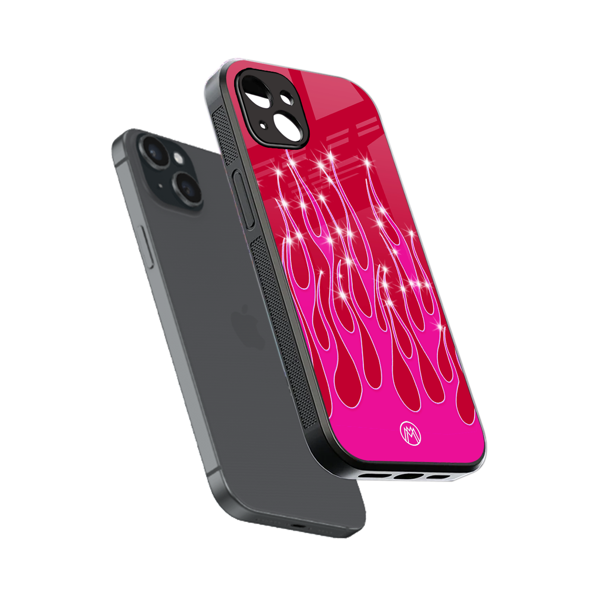 y2k magenta glittery flames back phone cover | glass case for iphone 15 plus