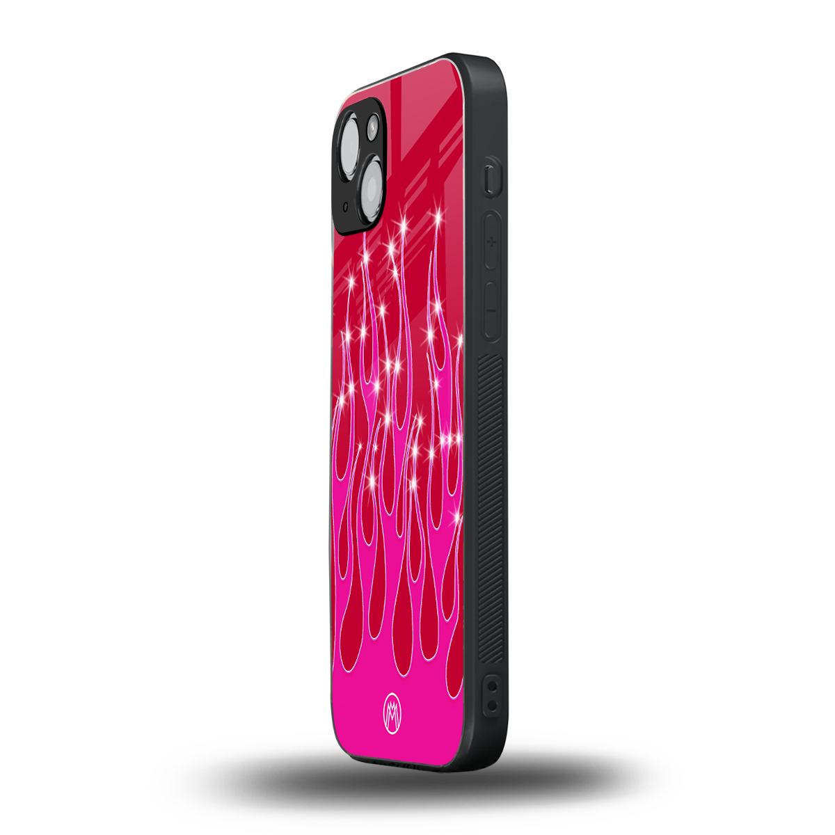 y2k magenta glittery flames back phone cover | glass case for iphone 15 plus