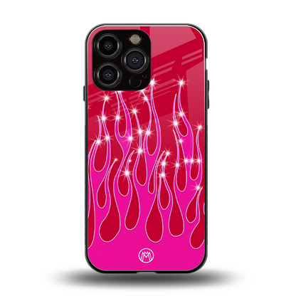 y2k magenta glittery flames back phone cover | glass case for iphone 14 pro max
