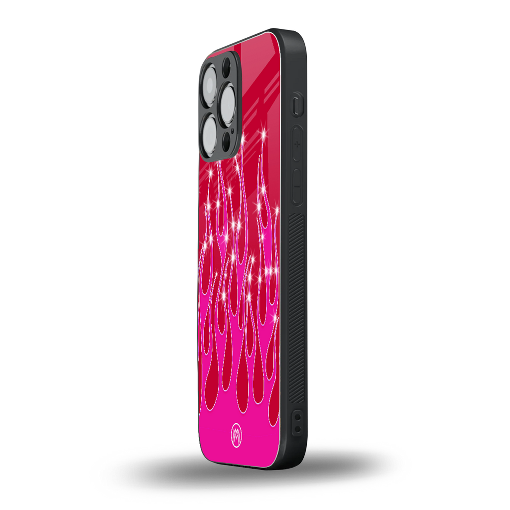 y2k magenta glittery flames back phone cover | glass case for iphone 14 pro max