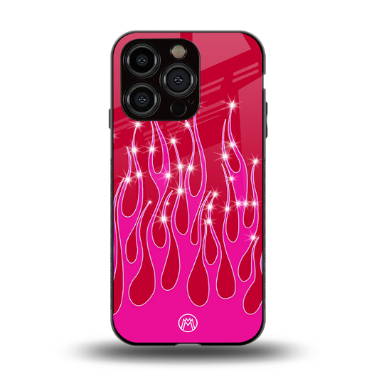 y2k magenta glittery flames back phone cover | glass case for iphone 15 pro