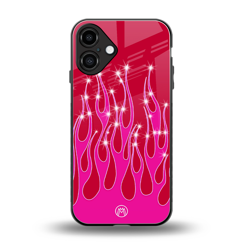 y2k magenta glittery flames back phone cover | glass case for iphone 16 plus