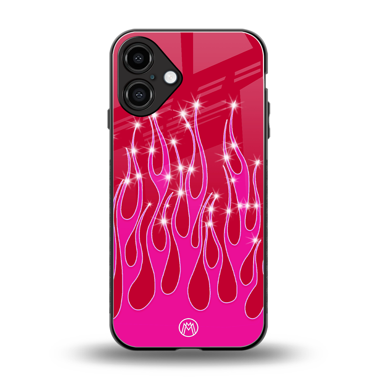 y2k magenta glittery flames back phone cover | glass case for iphone 16 plus