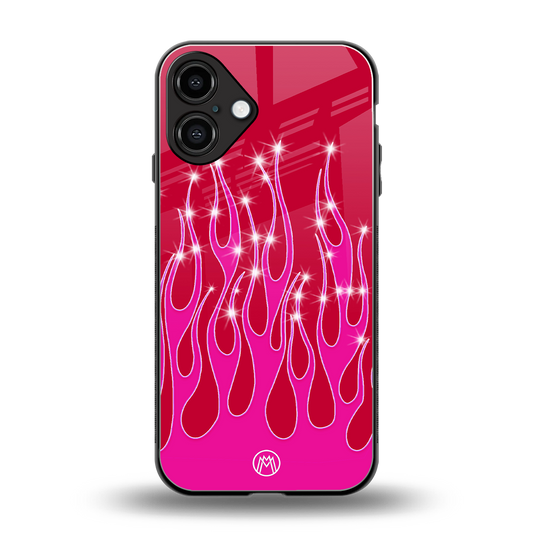 y2k magenta glittery flames back phone cover | glass case for iphone 16 plus