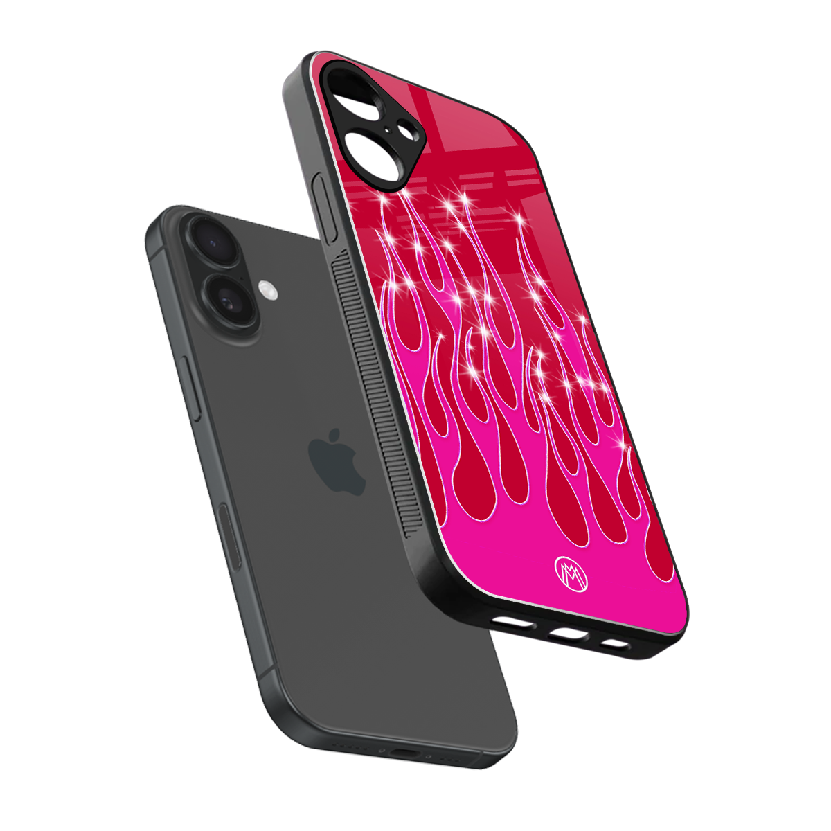 y2k magenta glittery flames back phone cover | glass case for iphone 16 plus