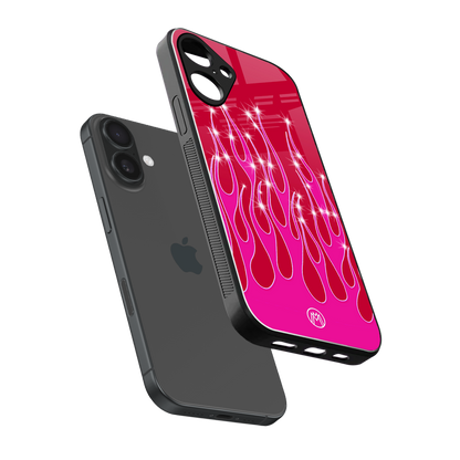 y2k magenta glittery flames back phone cover | glass case for iphone 16 plus